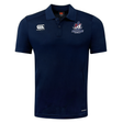 Navy blue SUNY Maritime Men’s Rugby Club Dry Polo by Canterbury short-sleeved shirt with a rugby club emblem on the chest.