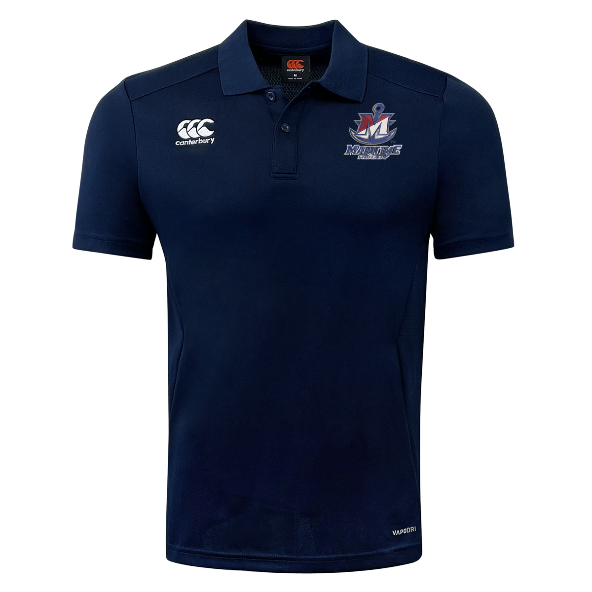 Navy blue SUNY Maritime Men’s Rugby Club Dry Polo by Canterbury short-sleeved shirt with a rugby club emblem on the chest.