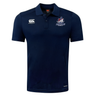 Navy blue SUNY Maritime Men’s Rugby Club Dry Polo by Canterbury short-sleeved shirt with a rugby club emblem on the chest.