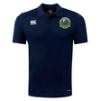 Navy blue short-sleeved Media Unified Rugby Club Dry Polo by Canterbury with a button placket, a logo on the left chest, and a circular wolf crest on the right chest.