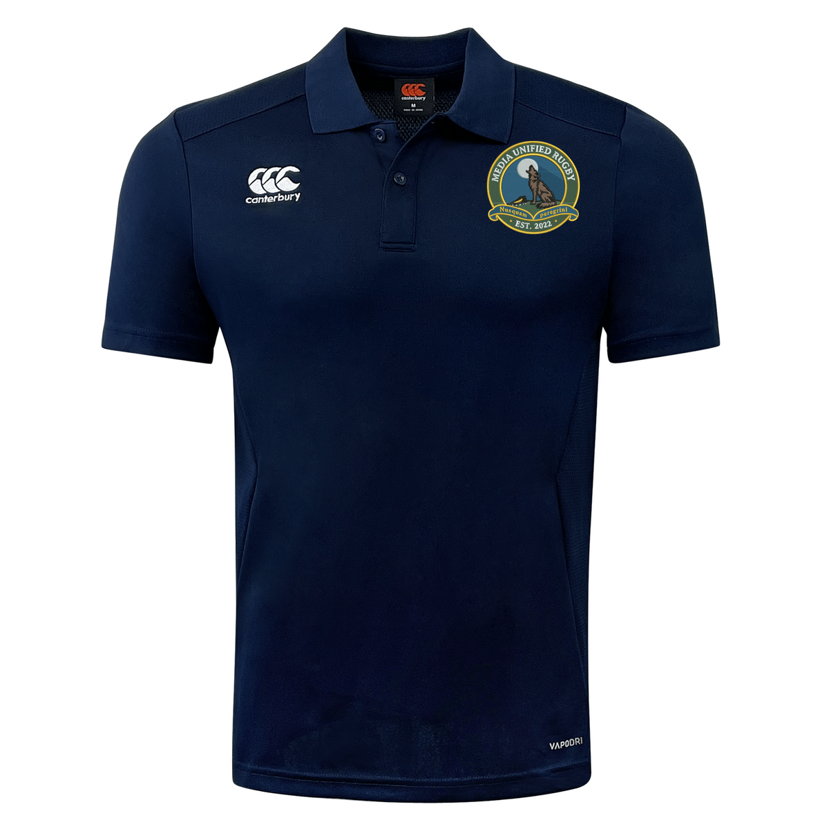 Navy blue short-sleeved Media Unified Rugby Club Dry Polo by Canterbury with a button placket, a logo on the left chest, and a circular wolf crest on the right chest.