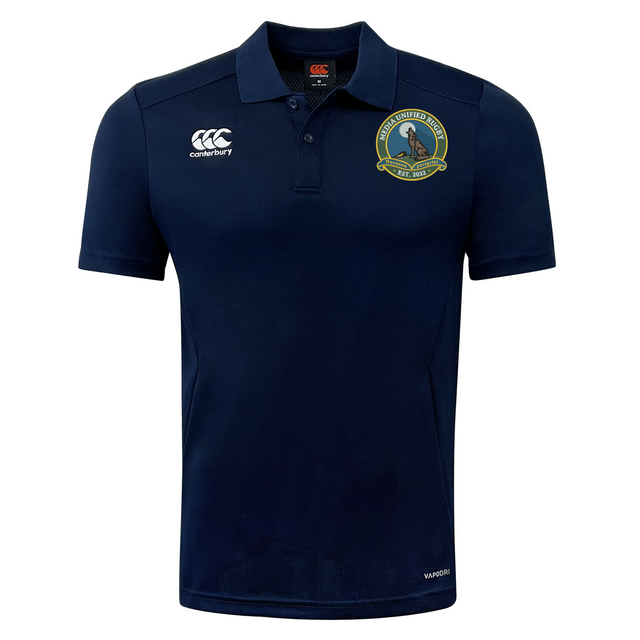 Navy blue short-sleeved Media Unified Rugby Club Dry Polo by Canterbury with a button placket, a logo on the left chest, and a circular wolf crest on the right chest.