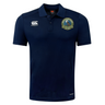 Navy blue short-sleeved Media Unified Rugby Club Dry Polo by Canterbury with a button placket, a logo on the left chest, and a circular wolf crest on the right chest.