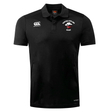 The Ventura Outlaws Rugby Club Dry Polo by EMB Canterbury is a black rugby shirt featuring embroidered Canterbury and Ventura Outlaws Rugby logos on the front. Designed with Vapodri Technology, it ensures breathability and comfort.