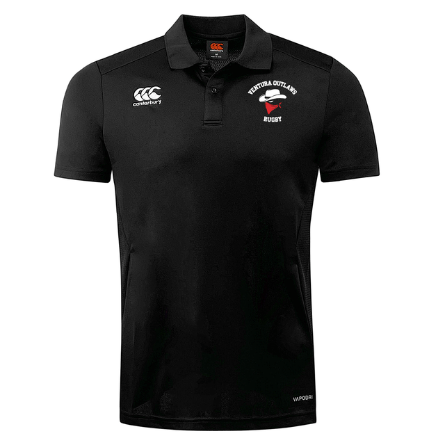 The Ventura Outlaws Rugby Club Dry Polo by EMB Canterbury is a black rugby shirt featuring embroidered Canterbury and Ventura Outlaws Rugby logos on the front. Designed with Vapodri Technology, it ensures breathability and comfort.