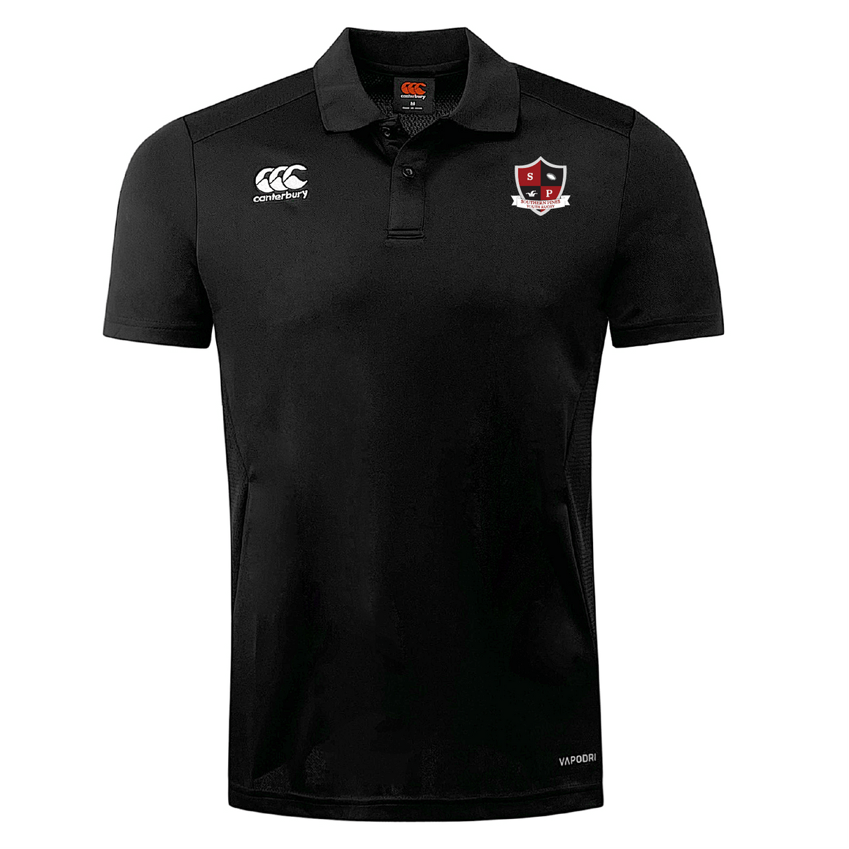 The Southern Pines Youth Rugby Club Dry Polo by EMB Canterbury is a black polo with a collar, sports logo on the chest, and white "Canterbury" text/logo on the right. Made with Vapodri Technology for breathability and all-day comfort.