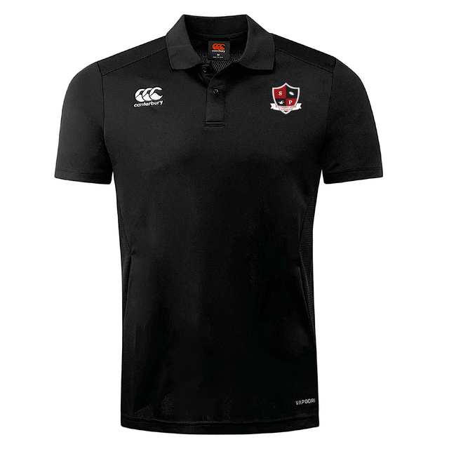The Southern Pines Youth Rugby Club Dry Polo by EMB Canterbury is a black polo with a collar, sports logo on the chest, and white "Canterbury" text/logo on the right. Made with Vapodri Technology for breathability and all-day comfort.
