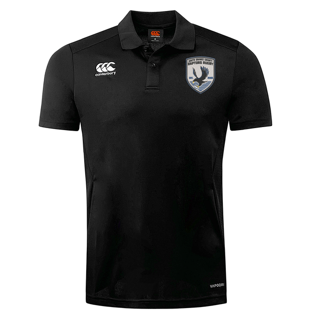 Stay cool and comfortable all day in the South Orange County Raptors Club Dry Polo by Canterbury. This black short-sleeve polo features a stylish collar, a small button placket on the front, and two logos on the chest. Crafted by EMB Canterbury with breathable Vapodri Technology, it’s designed to keep you dry no matter where your day takes you.
