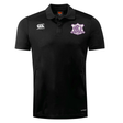 Black short-sleeved Western Carolina University Club Dry Polo by Canterbury with a white logo on the right chest and a purple and white Western Carolina Rugby crest on the left chest.