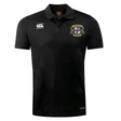 The Winchester Cannons Club Dry Polo by EMB Canterbury is a black, short-sleeve polo with a collar, Vapodri Technology, the Canterbury logo on the right chest, and an embroidered crest on the left chest.