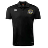 The Winchester Cannons Club Dry Polo by EMB Canterbury is a black, short-sleeve polo with a collar, Vapodri Technology, the Canterbury logo on the right chest, and an embroidered crest on the left chest.