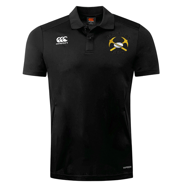Black Mother Lode Club Dry Polo by Canterbury shirt featuring a rugby logo with crossed pickaxes on the chest.