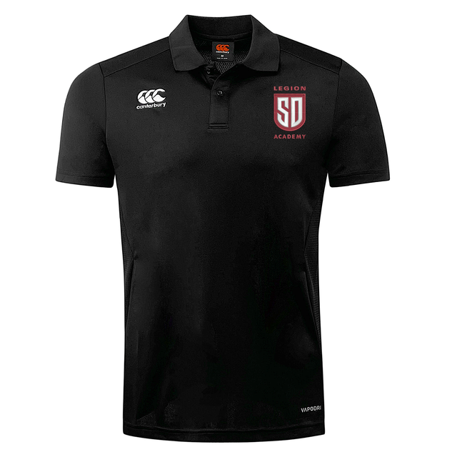 Black Legion Academy Club Dry Polo by Canterbury with short sleeves, featuring a logo on the left chest and a club crest on the right.