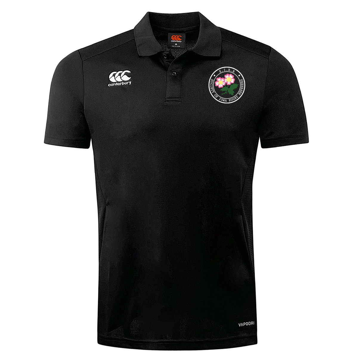 Society of Iowa Rugby Referees Club Dry Polo by EMB Canterbury in black, featuring short sleeves, the iconic Canterbury logo on the right chest, and a round floral emblem on the left chest. Made with Vapodri Technology, this breathable polo keeps you cool and comfortable all day.