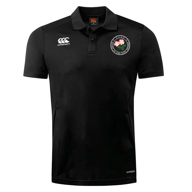 Society of Iowa Rugby Referees Club Dry Polo by EMB Canterbury in black, featuring short sleeves, the iconic Canterbury logo on the right chest, and a round floral emblem on the left chest. Made with Vapodri Technology, this breathable polo keeps you cool and comfortable all day.
