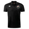 Society of Iowa Rugby Referees Club Dry Polo by EMB Canterbury in black, featuring short sleeves, the iconic Canterbury logo on the right chest, and a round floral emblem on the left chest. Made with Vapodri Technology, this breathable polo keeps you cool and comfortable all day.