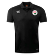 The Society of Iowa Rugby Referees Club Dry Polo by EMB Canterbury is a black short-sleeve polo designed with Vapodri Technology for superior moisture management. Featuring a white Canterbury logo and the England Rugby rose emblem on the chest, this breathable polo ensures comfort both on and off the field. Displayed on a plain white background.