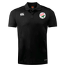 The Society of Iowa Rugby Referees Club Dry Polo by EMB Canterbury is a black short-sleeve polo designed with Vapodri Technology for superior moisture management. Featuring a white Canterbury logo and the England Rugby rose emblem on the chest, this breathable polo ensures comfort both on and off the field. Displayed on a plain white background.