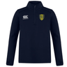 The Gotham Knights Club 1/4 Zip Mid Layer Training Top by EMB Canterbury is a navy blue long-sleeve rugby top featuring a half-zip front, with the Canterbury logo on the left chest and a yellow shield logo on the right chest. This versatile piece is perfect for both practice sessions and casual wear.
