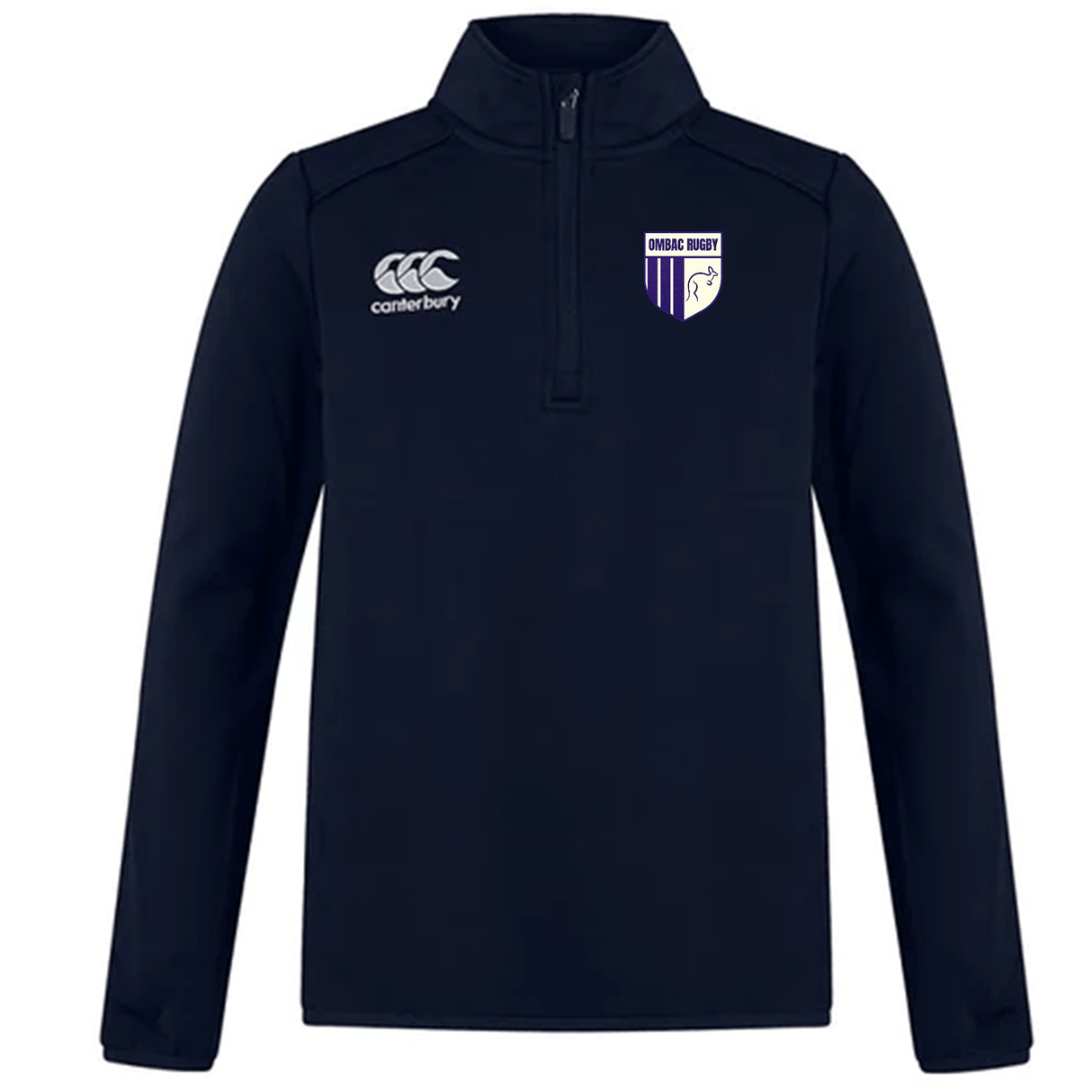 The OMBAC Rugby Club 1/4 Zip Mid Layer Training Top by EMB Canterbury is a navy blue training top made of fleece fabric. It showcases the Canterbury logo on the right side of the chest and a purple and white crest with a figure on the left side—perfect for rugby season.