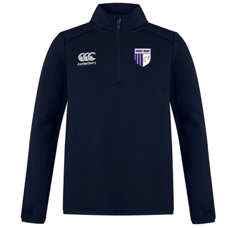 The OMBAC Rugby Club 1/4 Zip Mid Layer Training Top by EMB Canterbury is a navy blue training top made of fleece fabric. It showcases the Canterbury logo on the right side of the chest and a purple and white crest with a figure on the left side—perfect for rugby season.