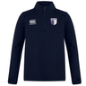 The OMBAC Rugby Club 1/4 Zip Mid Layer Training Top by EMB Canterbury is a navy blue training top made of fleece fabric. It showcases the Canterbury logo on the right side of the chest and a purple and white crest with a figure on the left side—perfect for rugby season.