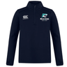 The NC Rugby Academy - Megalodons Club 1/4 Zip Mid Layer Training Top by EMB Canterbury features a navy design with Canterbury and Megalodons Rugby Academy logos. Ideal custom sportswear for athletes.