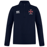 The SF CDME Rugby Club 1/4 Zip Mid Layer Training Top by Canterbury is a navy blue rugby training fleece from EMB Canterbury, featuring a white Canterbury logo on the right chest and a red cross emblem with "COMO RUGBY" text on the left chest, offering both comfort and style for your rugby sessions.