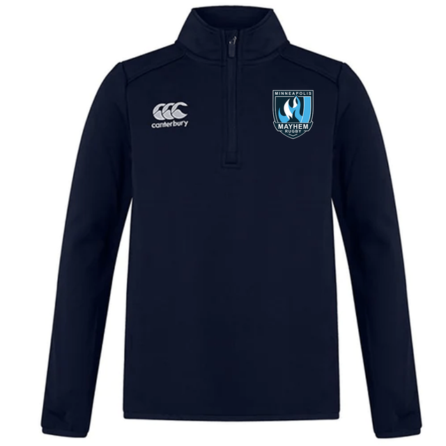 Show your support for CCC Club with the Minneapolis Mayhem Rugby Club 1/4 Zip Mid Layer Training Top by Canterbury, featuring a navy design with an EMB Canterbury logo on the right chest and the Minneapolis Mayhem shield logo on the left—ideal as a rugby training top for any fan.