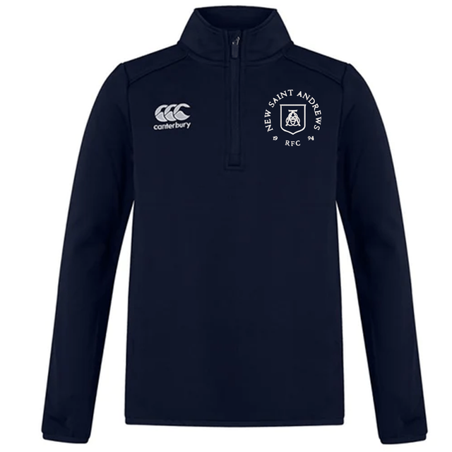 Introducing the New Saint Andrews College Club 1/4 Zip Mid Layer Training Top by Canterbury. Designed by EMB Canterbury, this navy training top features a “Canterbury” logo on the right chest and a “New Saint Andrews RFC” crest on the left chest. This versatile rugby mid layer delivers both warmth and comfort with its premium Canterbury fleece—ideal for training sessions or casual everyday wear.
