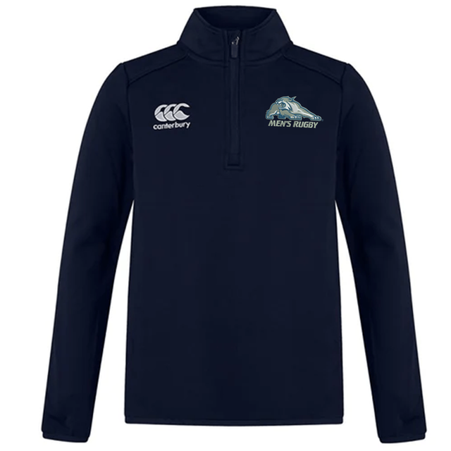 Navy blue long-sleeved University of New Hampshire Club 1/4 Zip Mid Layer Training Top by Canterbury, a fleece quarter-zip pullover with a rugby team logo on the chest.