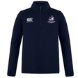 Navy blue SUNY Maritime Men’s Rugby Club 1/4 Zip Mid Layer Training Top by Canterbury, featuring a team logo on the left chest and an EMB Canterbury logo on the right chest.