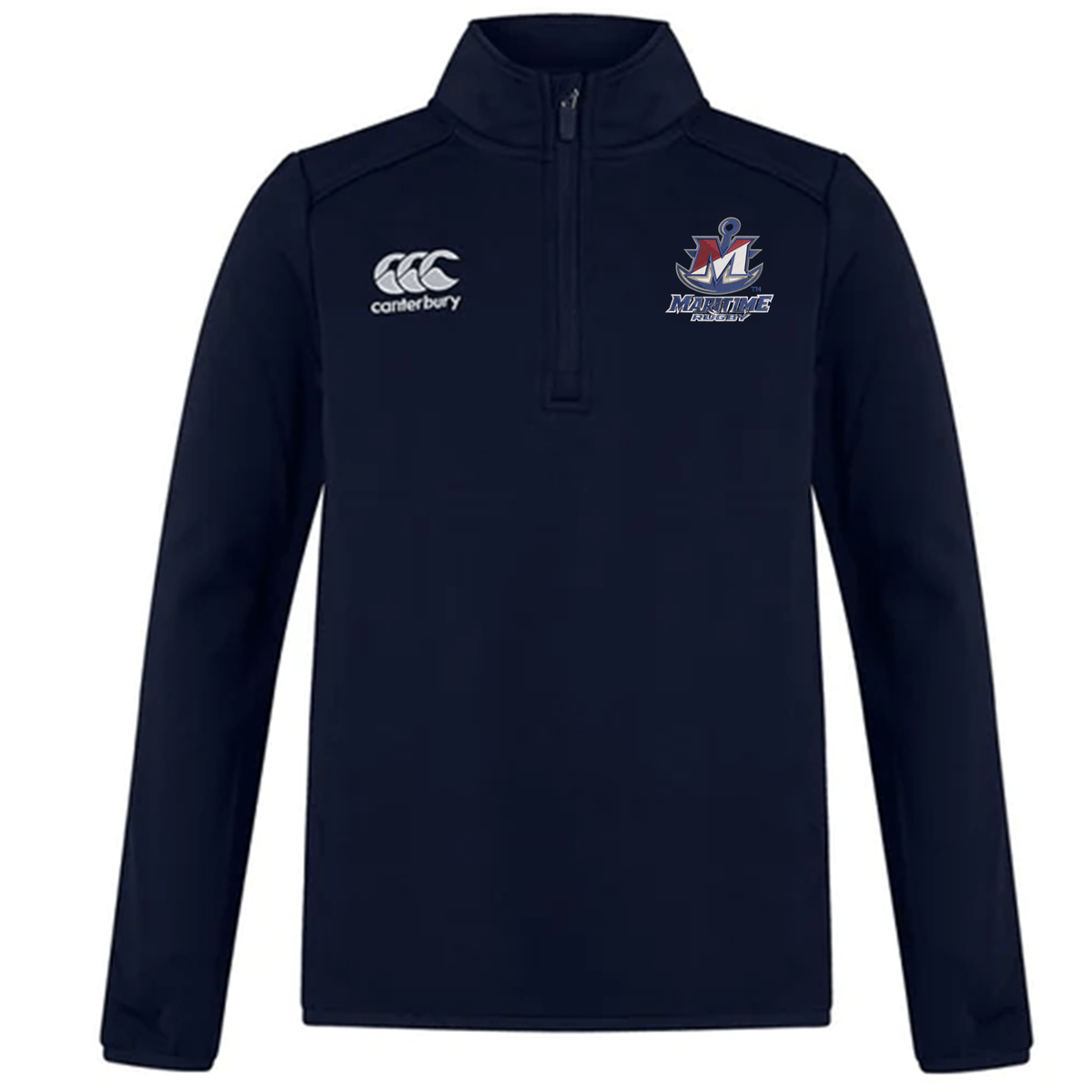 Navy blue SUNY Maritime Men’s Rugby Club 1/4 Zip Mid Layer Training Top by Canterbury, featuring a team logo on the left chest and an EMB Canterbury logo on the right chest.