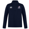 Navy blue SUNY Maritime Men’s Rugby Club 1/4 Zip Mid Layer Training Top by Canterbury, featuring a team logo on the left chest and an EMB Canterbury logo on the right chest.