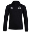 The Missoula All-Maggots Club 1/4 Zip Mid Layer Training Top by EMB Canterbury features a black long-sleeve design with the Canterbury logo on the right chest and a distinctive circular white emblem on the left chest, making it an ideal rugby training top for cooler weather.