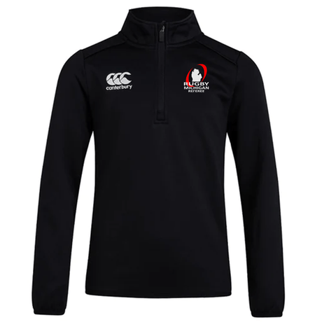 The Rugby Michigan Referee Society Club 1/4 Zip Mid Layer Training Top by EMB Canterbury combines style and functionality, showcasing the Canterbury logo on the left chest and the Rugby Michigan Referee logo on the right. Made from fleece fabric, this black rugby training top is perfect for both practice and casual wear.
