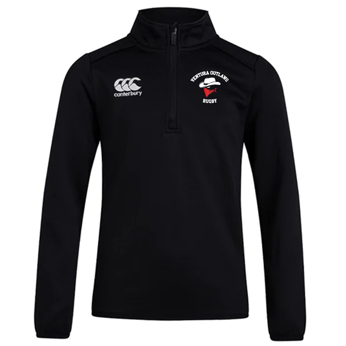 Introducing the Ventura Outlaws Rugby Club 1/4 Zip Mid Layer Training Top by Canterbury. This black, long-sleeve pullover features the "Canterbury" logo on the left chest and the "Ventura Outlaws Rugby" logo on the right chest, making it the perfect choice for rugby training.
