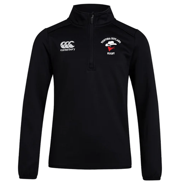 Introducing the Ventura Outlaws Rugby Club 1/4 Zip Mid Layer Training Top by Canterbury. This black, long-sleeve pullover features the "Canterbury" logo on the left chest and the "Ventura Outlaws Rugby" logo on the right chest, making it the perfect choice for rugby training.