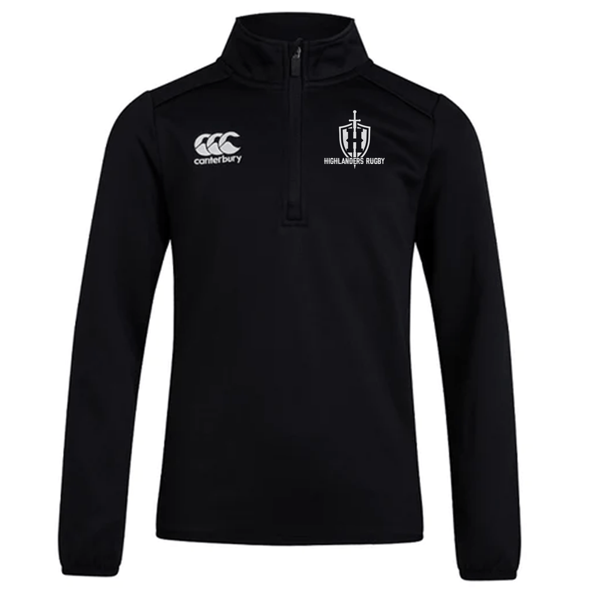 A black Highlanders Rugby NC Club 1/4 Zip Mid Layer Training Top by EMB Canterbury, featuring the Canterbury logo on the left chest and the Highlanders Rugby logo on the right chest. Ideal for wearing on or off the rugby field.