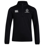 A black Highlanders Rugby NC Club 1/4 Zip Mid Layer Training Top by EMB Canterbury, featuring the Canterbury logo on the left chest and the Highlanders Rugby logo on the right chest. Ideal for wearing on or off the rugby field.