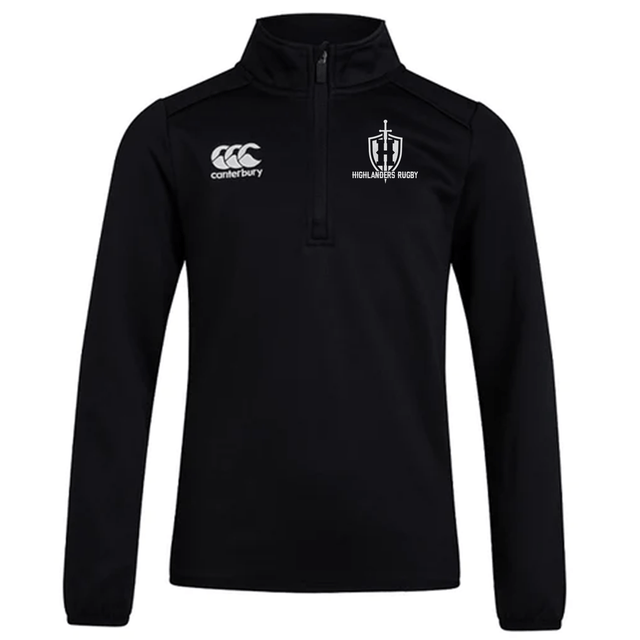 A black Highlanders Rugby NC Club 1/4 Zip Mid Layer Training Top by EMB Canterbury, featuring the Canterbury logo on the left chest and the Highlanders Rugby logo on the right chest. Ideal for wearing on or off the rugby field.