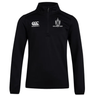 A black Highlanders Rugby NC Club 1/4 Zip Mid Layer Training Top by EMB Canterbury, featuring the Canterbury logo on the left chest and the Highlanders Rugby logo on the right chest. Ideal for wearing on or off the rugby field.