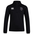 The Cypress Warriors Men's Rugby Club 1/4 Zip Mid Layer Training Top by EMB Canterbury features a black long-sleeve design with the Canterbury logo on the right chest and a purple shield emblem on the left—perfect for rugby training.