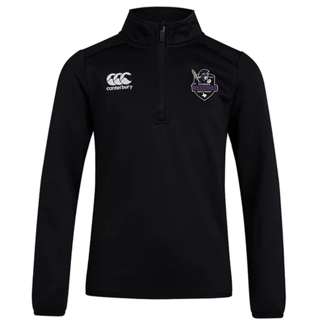 The Cypress Warriors Men's Rugby Club 1/4 Zip Mid Layer Training Top by EMB Canterbury features a black long-sleeve design with the Canterbury logo on the right chest and a purple shield emblem on the left—perfect for rugby training.