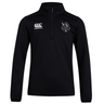 The Cypress Warriors Men's Rugby Club 1/4 Zip Mid Layer Training Top by EMB Canterbury features a black long-sleeve design with the Canterbury logo on the right chest and a purple shield emblem on the left—perfect for rugby training.