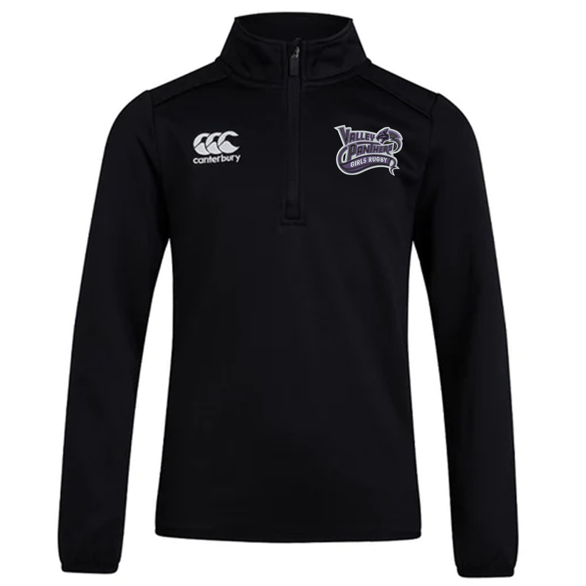 The Valley Panthers Girls Rugby Club 1/4 Zip Mid Layer Training Top by EMB Canterbury is a black pullover featuring the Canterbury logo on the left chest and the Valley Panthers Girls Rugby Club logo on the right chest—ideal for rugby training or custom team sportswear that showcases pride and performance.