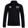 The Valley Panthers Girls Rugby Club 1/4 Zip Mid Layer Training Top by EMB Canterbury is a black pullover featuring the Canterbury logo on the left chest and the Valley Panthers Girls Rugby Club logo on the right chest—ideal for rugby training or custom team sportswear that showcases pride and performance.