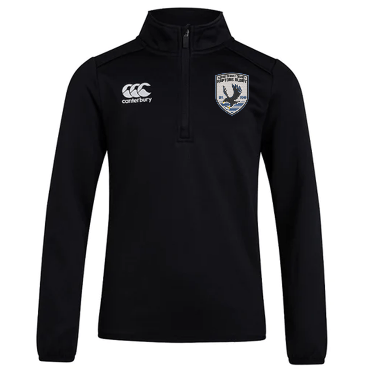 The South Orange County Raptors Club 1/4 Zip Mid Layer Training Top by EMB Canterbury is a black long-sleeve pullover featuring a rugged rugby-inspired design, with a quarter-zip front. It displays the Canterbury logo on the right chest and the South Orange County Raptors club emblem—with an eagle—on the left chest, making it an ideal 1/4 zip mid layer for both sports and casual wear.