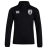 The South Orange County Raptors Club 1/4 Zip Mid Layer Training Top by EMB Canterbury is a black long-sleeve pullover featuring a rugged rugby-inspired design, with a quarter-zip front. It displays the Canterbury logo on the right chest and the South Orange County Raptors club emblem—with an eagle—on the left chest, making it an ideal 1/4 zip mid layer for both sports and casual wear.