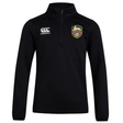 The RVA T.R.C. Club 1/4 Zip Mid Layer Training Top by EMB Canterbury features a black quarter-zip design with the Canterbury logo on the right chest and the RVA Rugby Club crest on the left chest—ideal as a rugby training top or cozy fleece for cool weather.